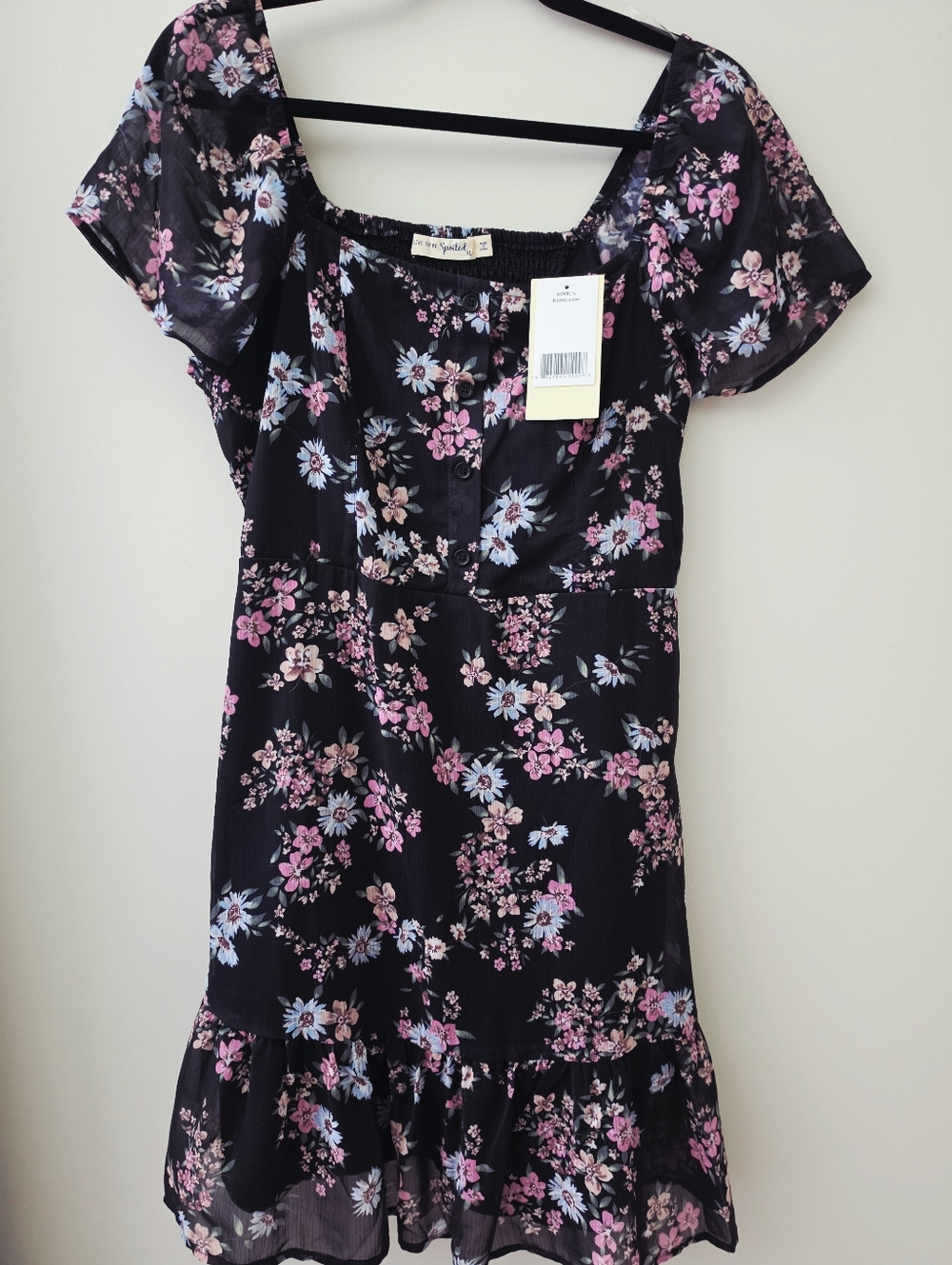 Girls' Black Floral Smocked Casual Dress with Pink & Light Blue Blooms